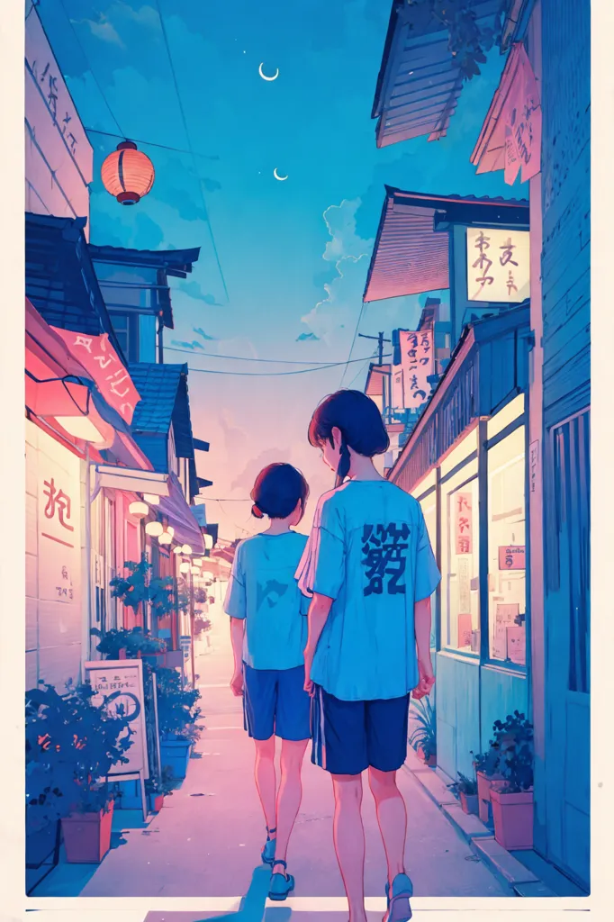 The image is of two girls walking down a street in Japan. The street is lined with traditional Japanese houses and shops. The girls are wearing yukatas, traditional Japanese summer kimonos. The girl on the left has brown hair. The girl on the right has black hair. They are both wearing blue shirts with white shorts. The street is lit by paper lanterns. The sky is a deep blue color. There are two crescent moons in the sky.