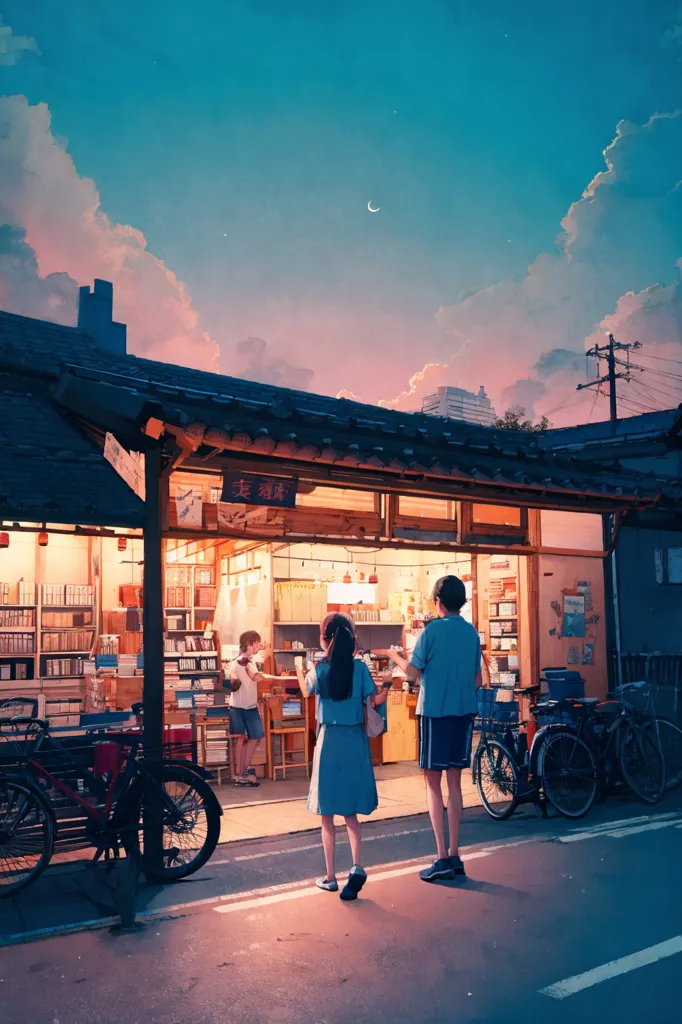 The image is set in a small town at dusk. The sky is a deep blue color, and the clouds are a light pink color. There is a crescent moon in the sky. There is a small bookstore on the left side of the image. The bookstore is made of wood and has a sign that says "Books" in Japanese. There are two people standing in front of the bookstore. A boy and a girl are looking at the books in the window. There are two bicycles parked next to the bookstore. The image is very peaceful and relaxing.