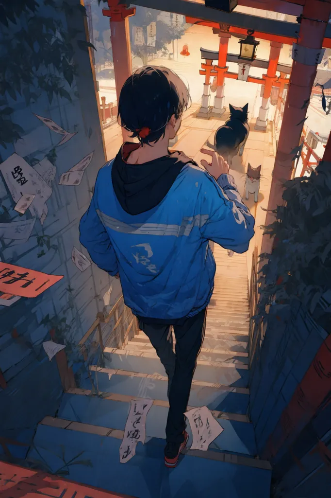 A young man with short black hair is walking up a stone staircase. He is wearing a blue and white tracksuit. There is a black cat walking in front of him. The staircase is flanked by two stone walls with wooden fences. There are some plants growing on the walls. The staircase leads to a Shinto shrine. There are some red paper lanterns hanging from the shrine.