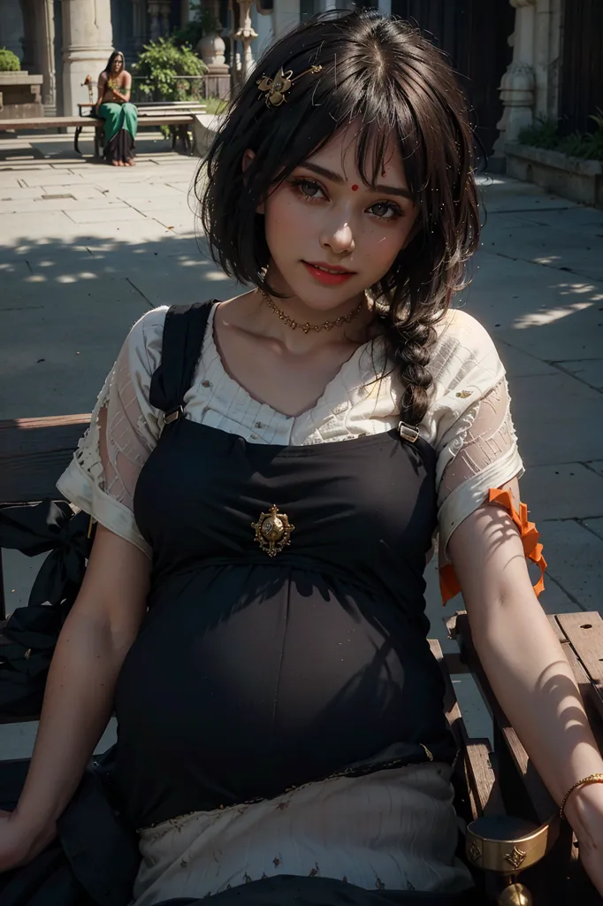 The image shows a young pregnant woman sitting on a bench. She has long black hair, brown eyes, and a fair complexion. She is wearing a white blouse, a black vest, and a long black skirt. She is also wearing a necklace and a bracelet. The woman is sitting with her hands resting on her belly. She has a serene expression on her face. In the background, there is a woman sitting on the ground with her back to the camera.