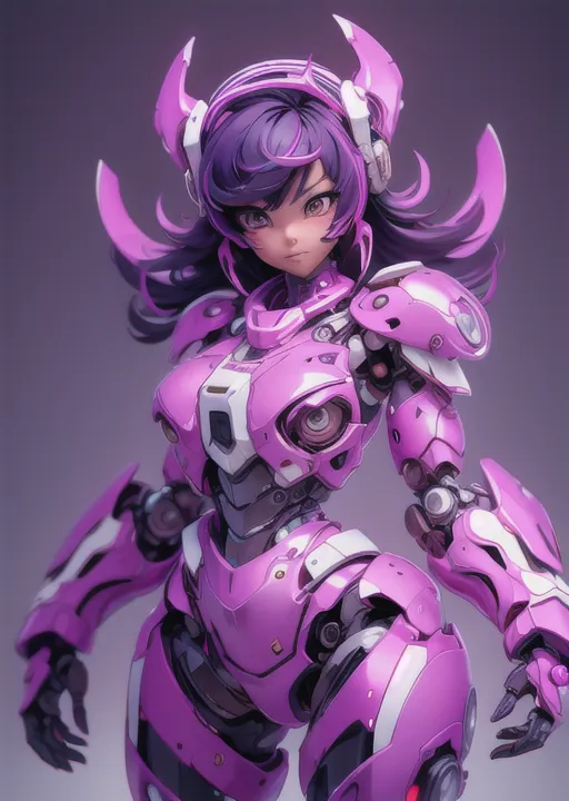 Este es un dibujo de estilo anime de una mujer joven que parece ser un cyborg. Tiene el cabello y los ojos de color púrpura claro, y lleva un traje de cuerpo de color púrpura y blanco con una gran coraza de metal. También tiene un par de auriculares grandes y hay varios cuernos que sobresalen de su cabeza.