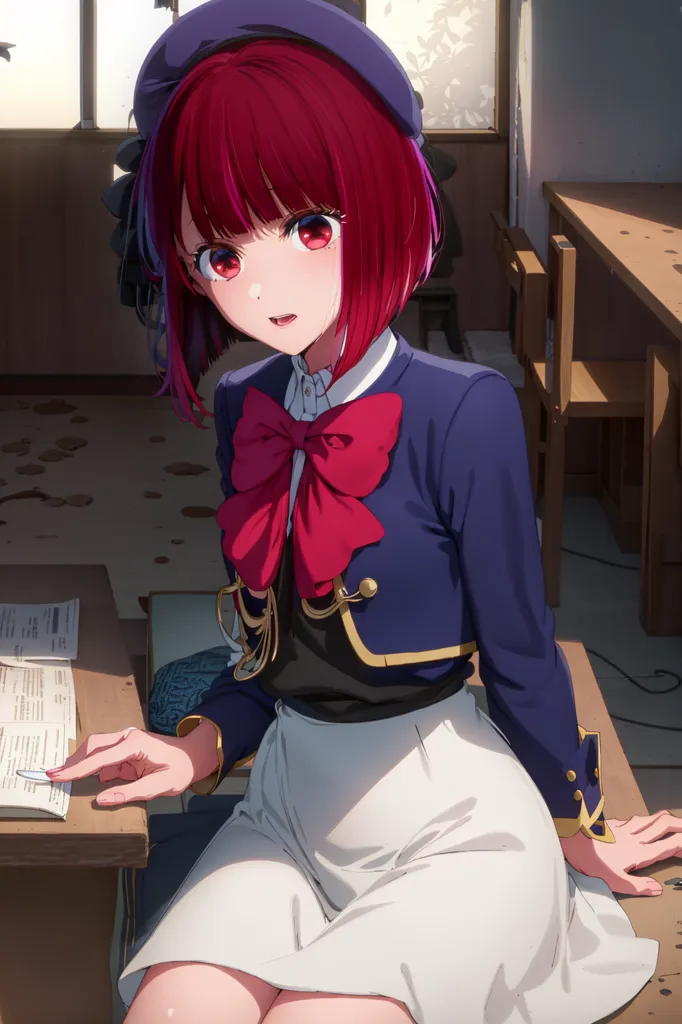 The image shows a girl with red hair and red eyes. She is wearing a blue uniform with a white collar and a red bow. She is sitting at a desk, reading a book. There are papers on the desk. The background is a classroom.