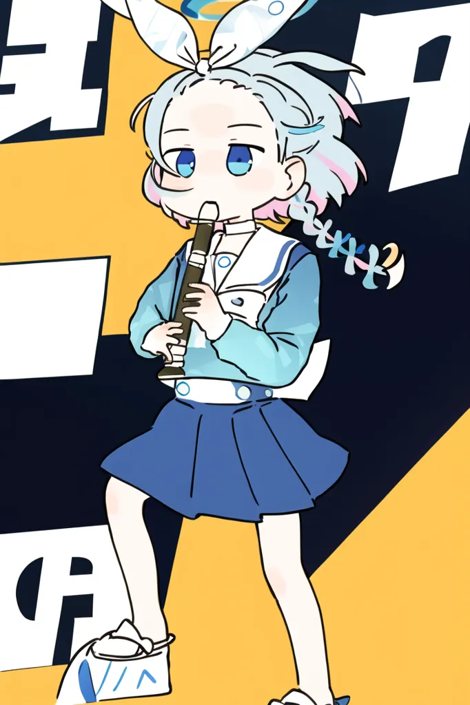 This is an illustration of a young girl playing the recorder. She has short blue hair and rabbit ears. She is wearing a blue and white sailor fuku. The girl is standing on a yellow background.