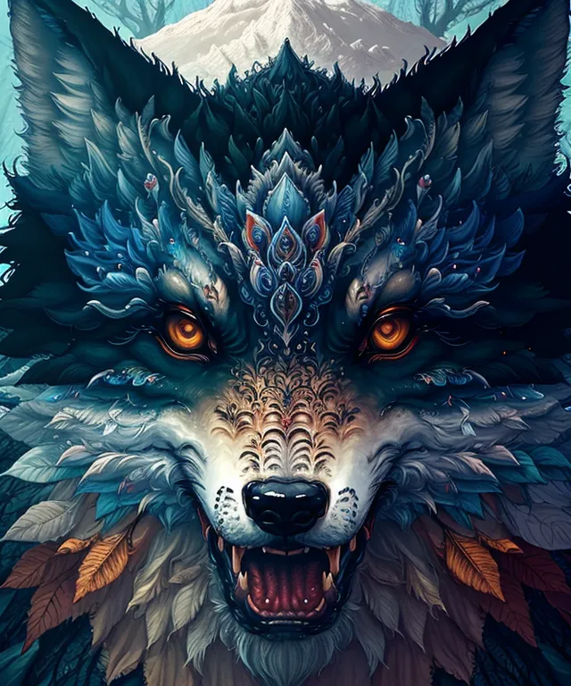 The image is a digital painting of a wolf's head. The wolf is blue and white with intricate patterns on its fur. Its eyes are yellow and its teeth are bared. The background is a blur of green and brown. The wolf is in front of a mountain range and there are trees on either side of it. The wolf is in the center of the image and is looking at the viewer.