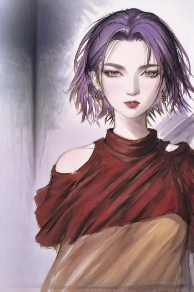 The image is a digital painting of a young woman with short purple hair and purple eyes. She is wearing a red off-the-shoulder dress with a yellow camisole underneath. The dress has a high collar and is cinched at the waist with a wide brown belt. The woman is standing in front of a white background, and her expression is serious.