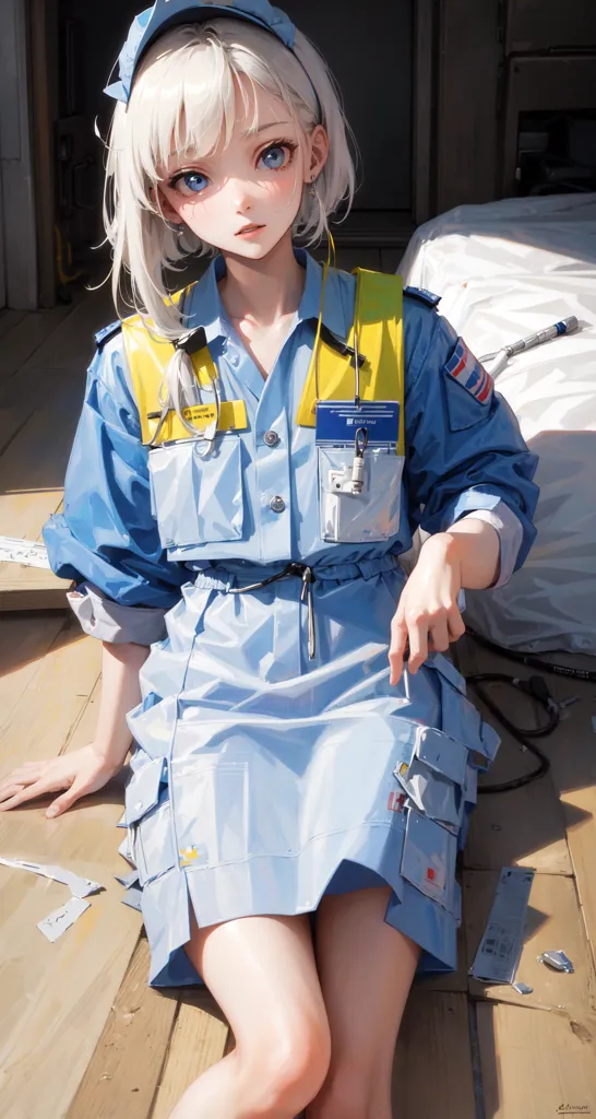 La imagen muestra a una mujer joven con el cabello blanco y ojos azules. Lleva un uniforme azul con un sombrero blanco. El uniforme tiene acentos amarillos y naranjas. La mujer está arrodillada en el suelo. Hay algunas herramientas y un paño blanco grande en el suelo junto a ella. La mujer mira a la cámara con una expresión seria.