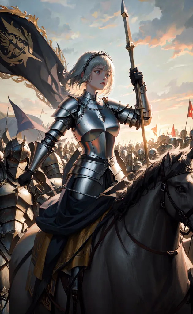 The image shows a young woman in armor riding a white horse. She is holding a spear in her right hand and a shield in her left hand. She is wearing a silver breastplate, a black skirt, and a white cape. Her hair is short and white. She has a determined expression on her face. She is riding in front of an army of soldiers. The soldiers are wearing armor and carrying swords and spears. They are marching in formation behind her. The background is a sunset sky.