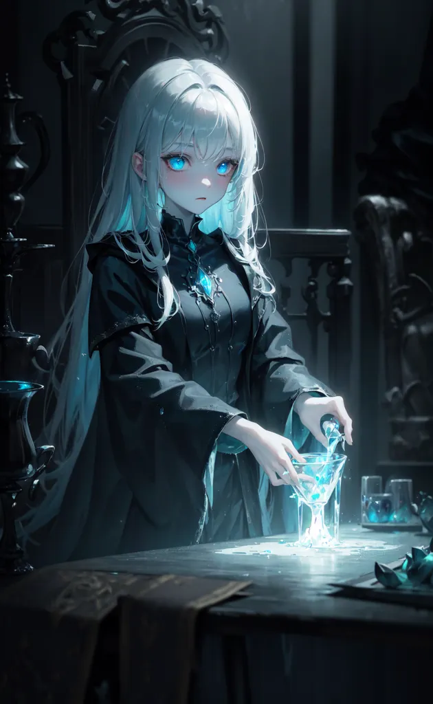 The picture shows a girl with long white hair and blue eyes. She is wearing a black dress with a white collar. She is standing in a dark room, probably a library, and there is a table in front of her. On the table are two goblets. The girl is holding one of the goblets and is pouring a blue liquid from a small bottle into it. The girl's expression is serious and focused.