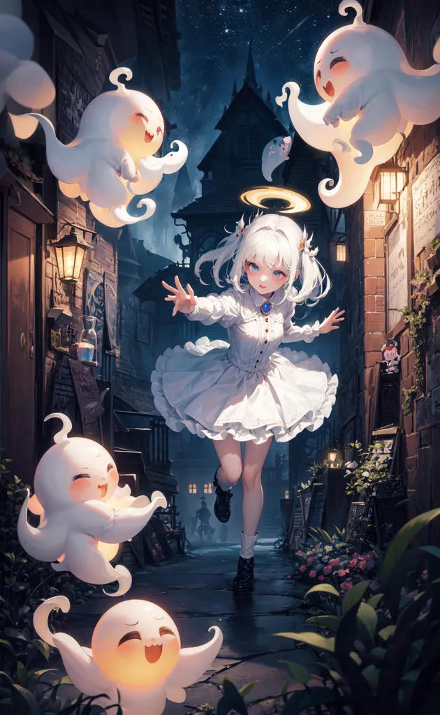 The image is a street scene in an anime-style town. The street is narrow and cobbled, and lined with old buildings. It is nighttime, and the sky is dark and starry. There is a full moon shining.

A girl in a white dress is walking down the street. She has long white hair and blue eyes, and she is wearing a halo. She is smiling and has her arms outstretched.

There are several ghosts floating around the girl. They are all different shapes and sizes, and they have different expressions on their faces. Some of them are happy, some are sad, and some are scared.

The girl is walking towards a building at the end of the street. The building is tall and dark, and it has a large door. The girl walks up to the door and knocks.

The door opens, and a man steps out. The man is tall and thin, and he has a long white beard. He is wearing a black robe.

The man looks at the girl and smiles. \