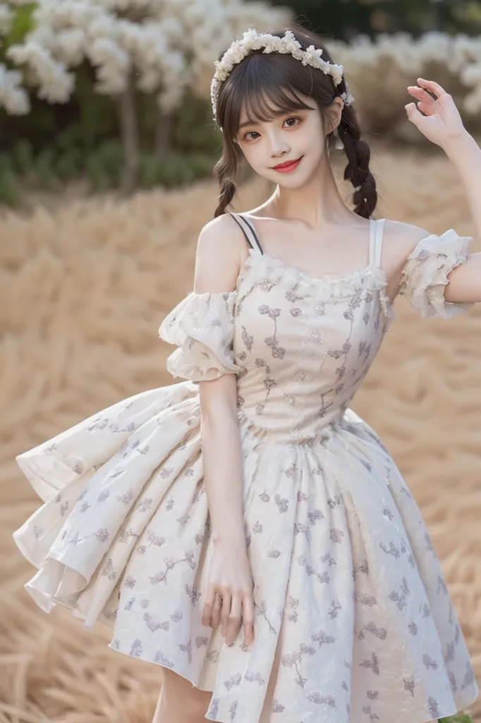 The image shows a young woman wearing a white dress with a floral pattern. The dress has off-the-shoulder sleeves and a full skirt. The woman has her hair in two braids and is wearing a wreath of flowers. She is standing in a field of tall grass and is smiling at the camera.