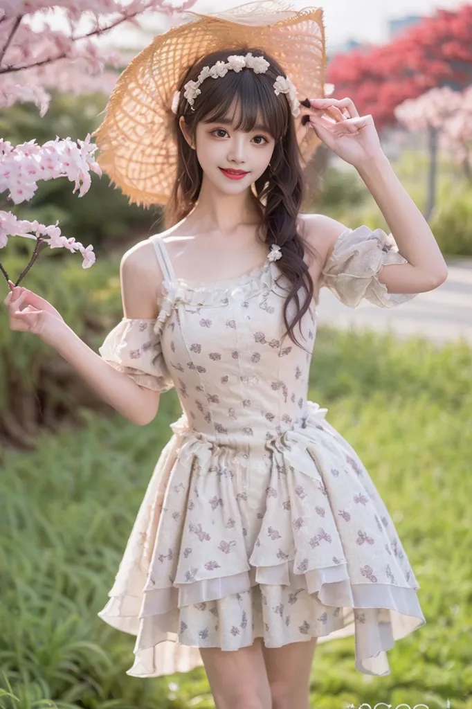 The image shows a young woman wearing a cute summer dress. The dress has a floral pattern and off-the-shoulder sleeves. She is also wearing a straw hat with a pink ribbon and a pair of brown leather shoes. The woman is standing in a field of flowers and she has a gentle smile on her face. The background is blurred and it looks like a park. The image is taken from a slightly elevated angle and it is cropped at the woman's waist.