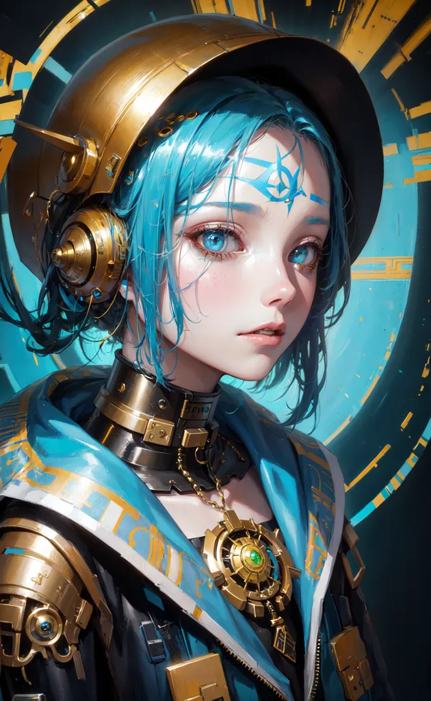 This is an image of a young woman with blue hair and blue eyes. She is wearing a golden helmet and a blue and gold outfit. She has a serious expression on her face. The background is a dark blue with a golden circle in the center.