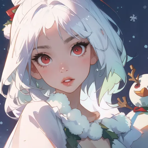 The image is a painting of a young woman with long white hair and red eyes. She is wearing a white dress with a red ribbon in her hair. There is a snowman on her right shoulder. The background is a dark blue night sky with falling snow. The painting is in a realistic style and the woman is depicted in a semi-realistic style.