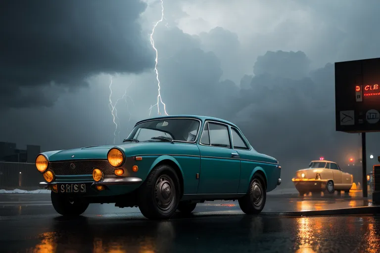 Un coche vintage azul está estacionado en una carretera mojada durante una tormenta eléctrica. El coche está orientado hacia la izquierda del espectador y se encuentra en primer plano de la imagen. El coche es un hardtop de dos puertas con un capó largo y un maletero corto. Tiene un parachoques cromado y neumáticos de pared blanca. El coche está en buen estado y parece estar bien mantenido. El fondo de la imagen es un cielo oscuro y tormentoso con rayos a lo lejos. Hay un coche amarillo en el fondo, fuera de foco. La imagen está bien compuesta y los colores están equilibrados. El efecto general de la imagen es de misterio y suspense.