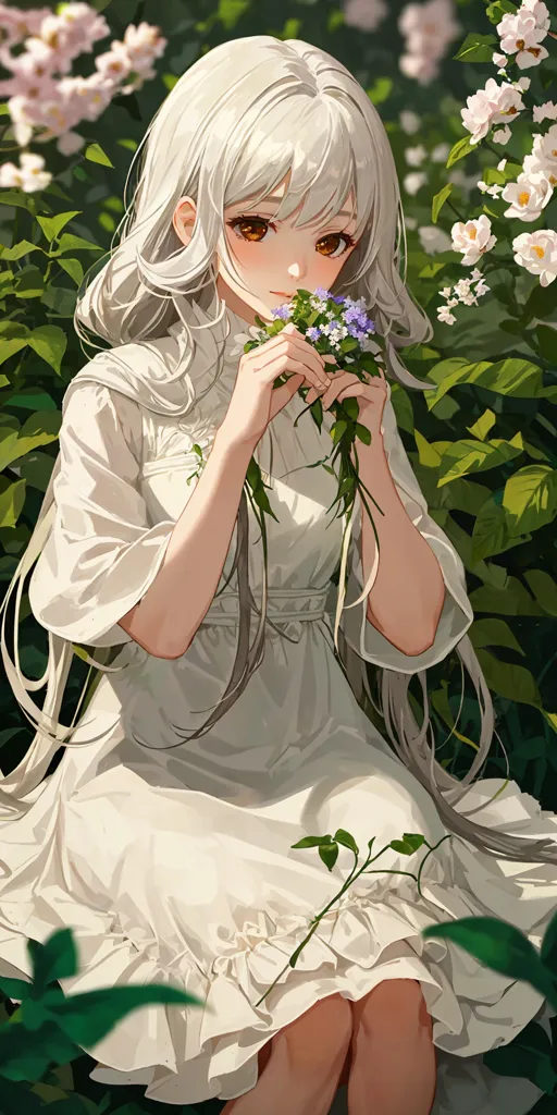 A imagem é uma pintura de uma bela garota de anime com cabelos brancos longos e olhos laranja. Ela está usando um vestido branco e está sentada em um campo de flores. A garota está segurando um buquê de flores azuis e está sorrindo. O fundo é um borrão de folhas verdes. A pintura é feita em um estilo realista e as cores são vibrantes e realistas.