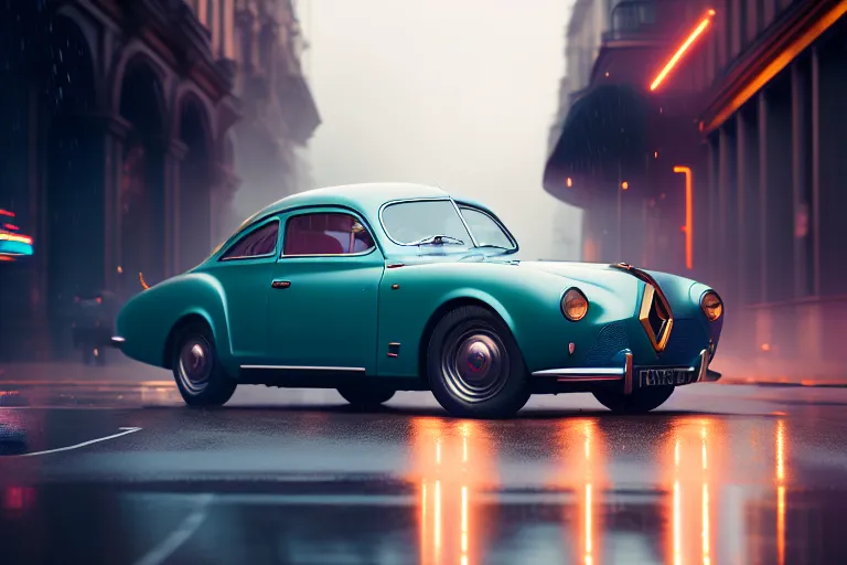 L'image représente une voiture classique, un coupé deux portes, garée dans une rue de ville mouillée la nuit. La voiture est bleue et la rue est éclairée par des lumières orange. La voiture est au premier plan et est nette. L'arrière-plan est flou et hors de focus. C'est un modèle classique des années 1950 avec une carrosserie arrondie et de grandes ailes. Elle a un toit convertible blanc. La voiture est en bon état et semble bien entretenue. L'image est bien composée et les couleurs sont équilibrées. L'effet global est celui de la beauté et de la nostalgie.