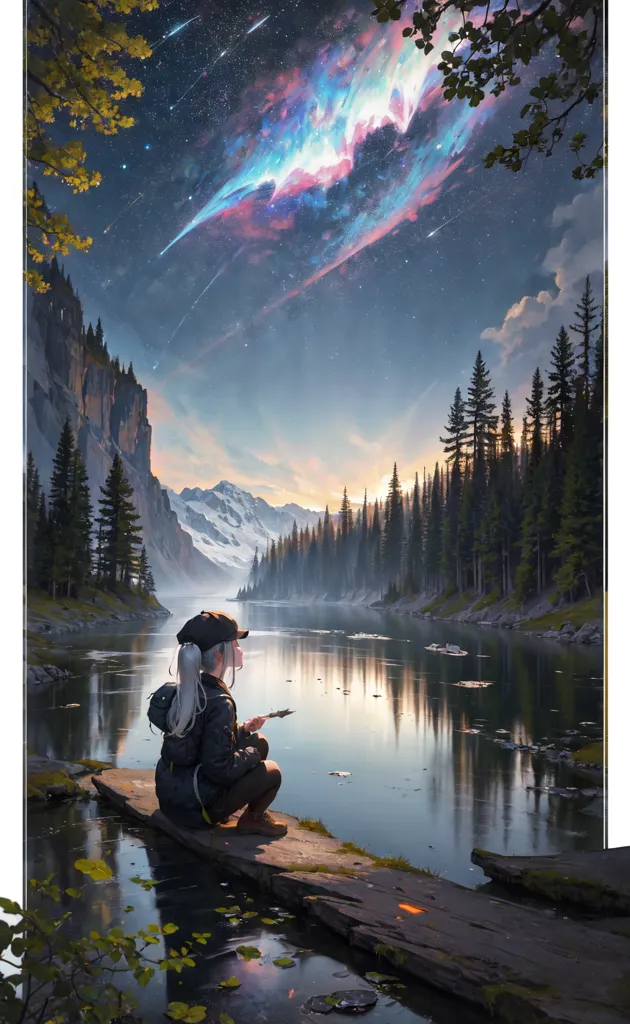 The image is of a girl sitting on a log at the edge of a lake, looking out at a beautiful night sky. The sky is dark and filled with stars. A comet is streaking across the sky, leaving a trail of light behind it. The girl is wearing a hat and a jacket, and she has long white hair. She is holding a book in her hands. The lake is calm and still, and the trees are reflected in the water. The only sound is the gentle lapping of the waves against the shore. The image is peaceful and serene, and it captures the beauty of the night sky.