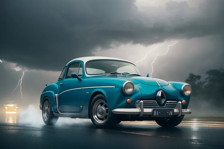 A light blue vintage car is driving on an asphalt road on a stormy day. The car has white-wall tires, a white top, and a chrome front bumper. The road is wet from the rain and the car is surrounded by a white fog. There is a yellow light from a street lamp reflecting on the car. In the background, there are two bolts of lightning.