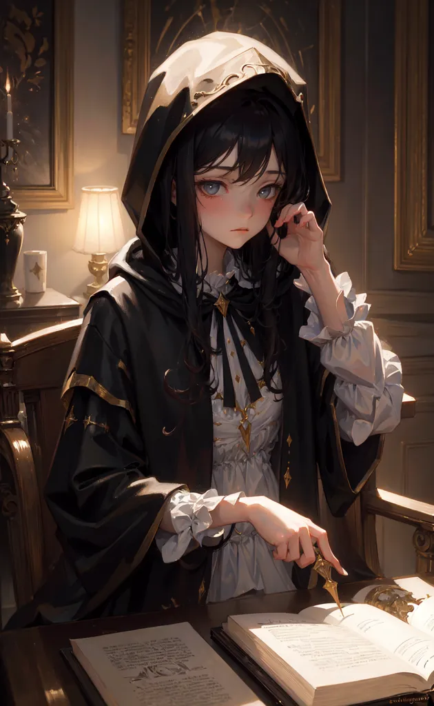 The image is of a young woman sitting in a dimly lit room. She is wearing a black robe with a white collar and a hood. The robe is trimmed with gold and has gold stars on it. The woman has long black hair and blue eyes. She is looking at a book that is open on the table in front of her. She has one hand resting on the book and is pointing at a specific part of the text with her index finger. The other hand is holding a quill. There is a lit candle on the table. The background of the room is dark and shadowy.