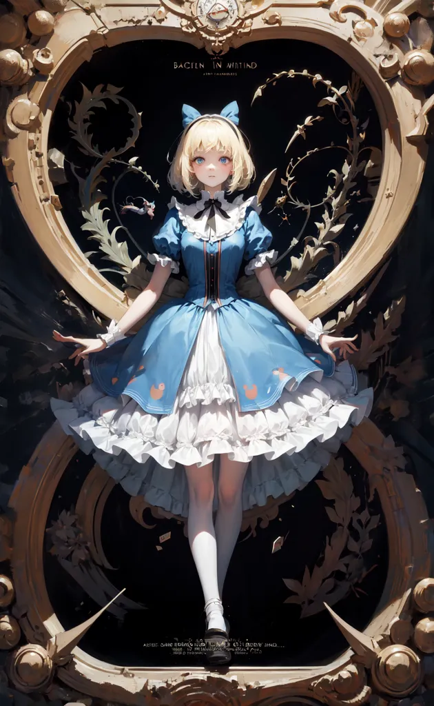 The image is of a young girl with long blond hair and blue eyes. She is wearing a blue and white dress with a white pinafore. The dress has a ruffled hem and a bow at the waist. The girl is standing in front of a mirror with an ornate gold frame. The mirror is surrounded by a wreath of flowers and leaves. The girl is looking at her reflection in the mirror. She has a curious expression on her face. The image is set in a dark room. The only light comes from the mirror. The image is of a high quality and the details are very clear.