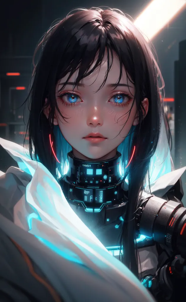 The image is a portrait of a young woman with dark hair and blue eyes. She is wearing a white and blue outfit and has a cybernetic implant on her neck. The background is dark and there are bright lights in the foreground. The woman's expression is serious and thoughtful.