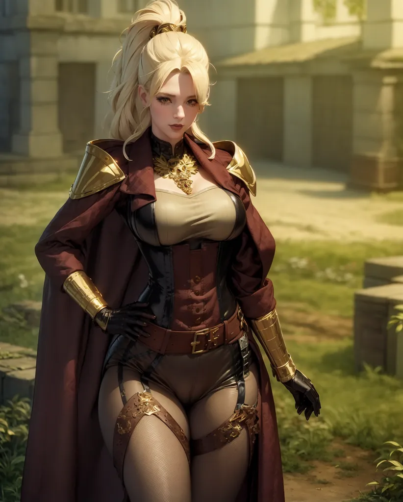 The image shows a woman with long blonde hair and blue eyes. She is wearing a brown leather corset with gold accents, a red cape, and black gloves. She is also wearing a brown belt with a gold buckle and black boots. She is standing in a courtyard with a building in the background.