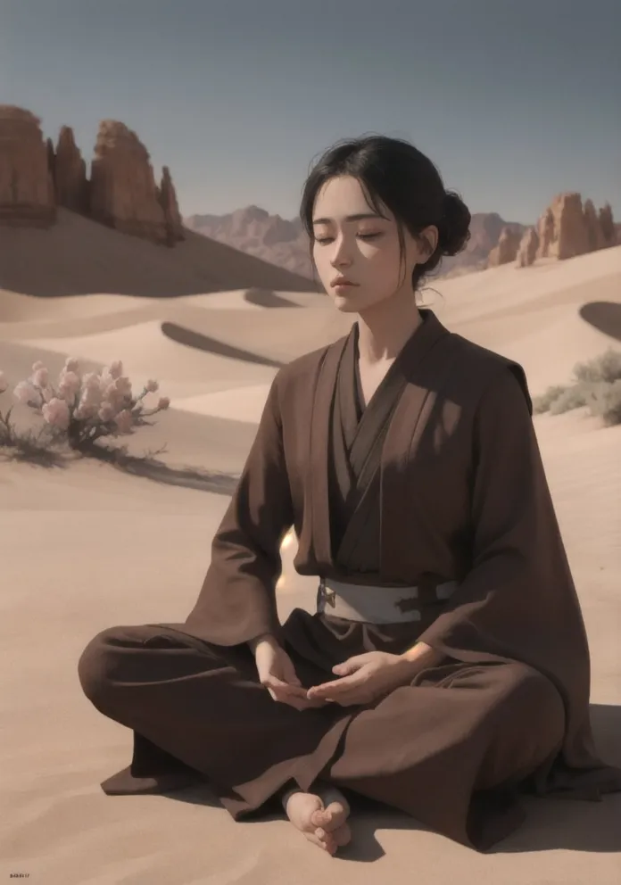 The image shows a young woman with long black hair in a brown kimono-like robe sitting in the desert with her eyes closed and her hands resting on her knees in a meditative pose. In the background, there are sand dunes and a rocky outcropping.