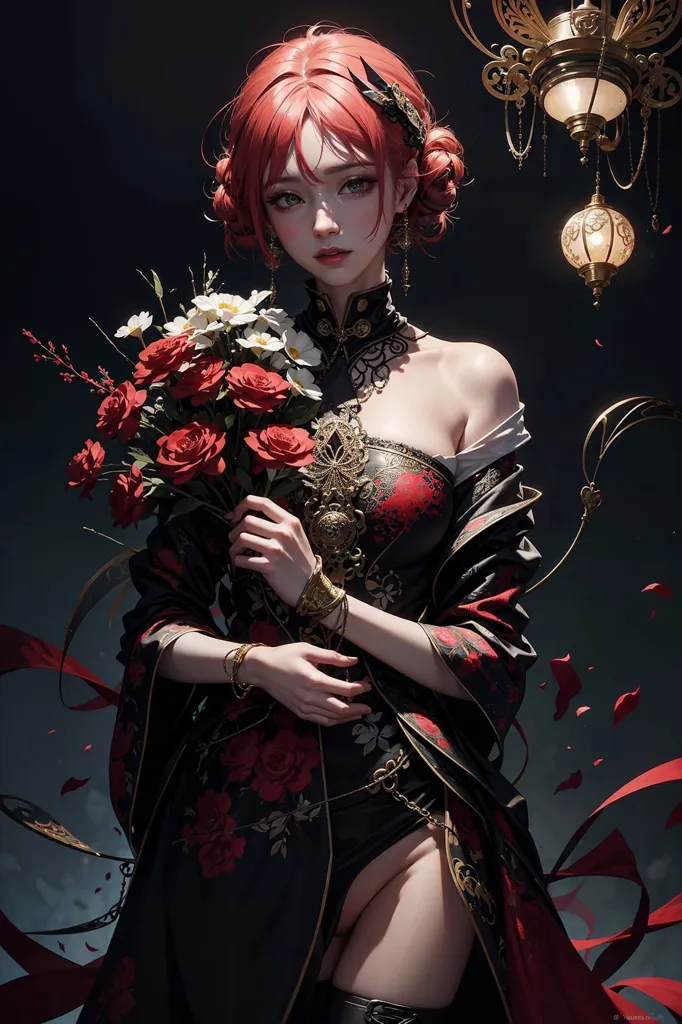 This is an image of a woman with long red hair and black and red eyes. She is wearing a black and red dress with gold accents. She is holding a bouquet of red and white roses. There is a lantern with a candle in the background. The background is dark. The woman is standing in front of a dark red curtain.