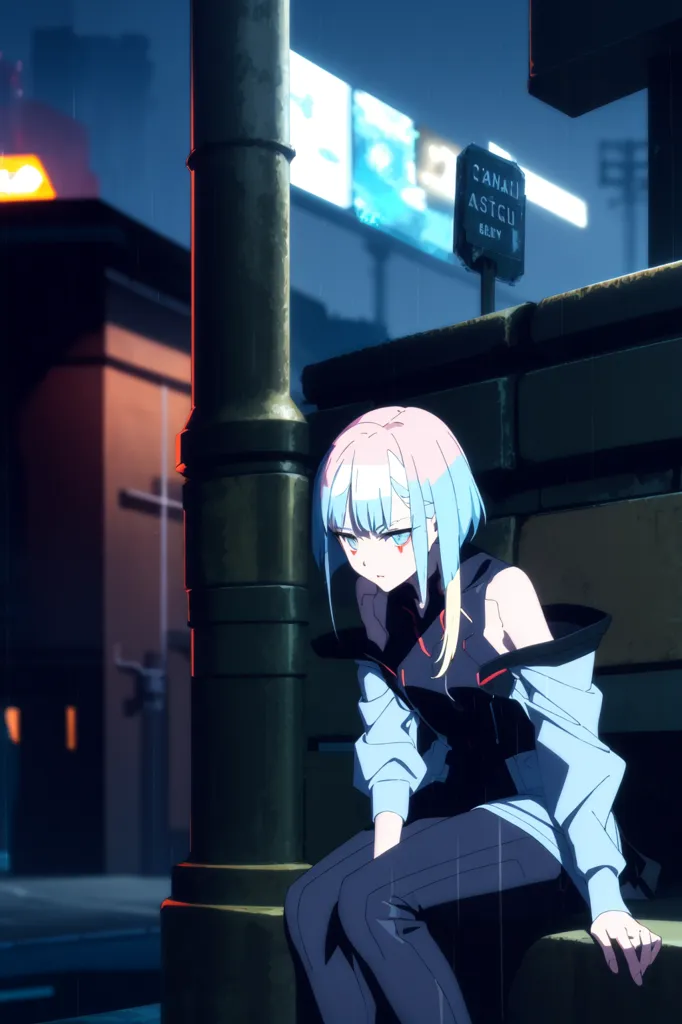 A young woman with pink and blue hair is sitting on a curb in a dark city. She is wearing a black jacket and black pants. The city is lit up by neon lights. There is a street sign in the background. The woman looks sad and thoughtful.