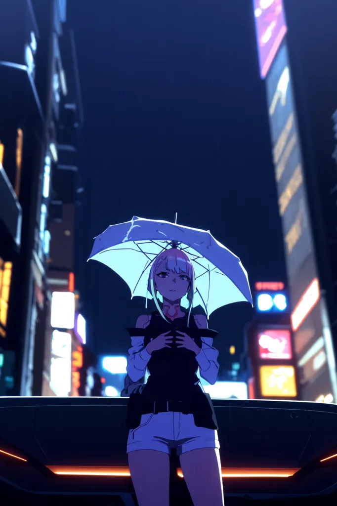 A woman is standing in the rain on a busy street. She is wearing a white shirt, black shorts, and a black jacket. She has an umbrella in her hand. The background is a blurred city at night. There are many neon lights and signs. The woman is looking down at something. She has a sad expression on her face.