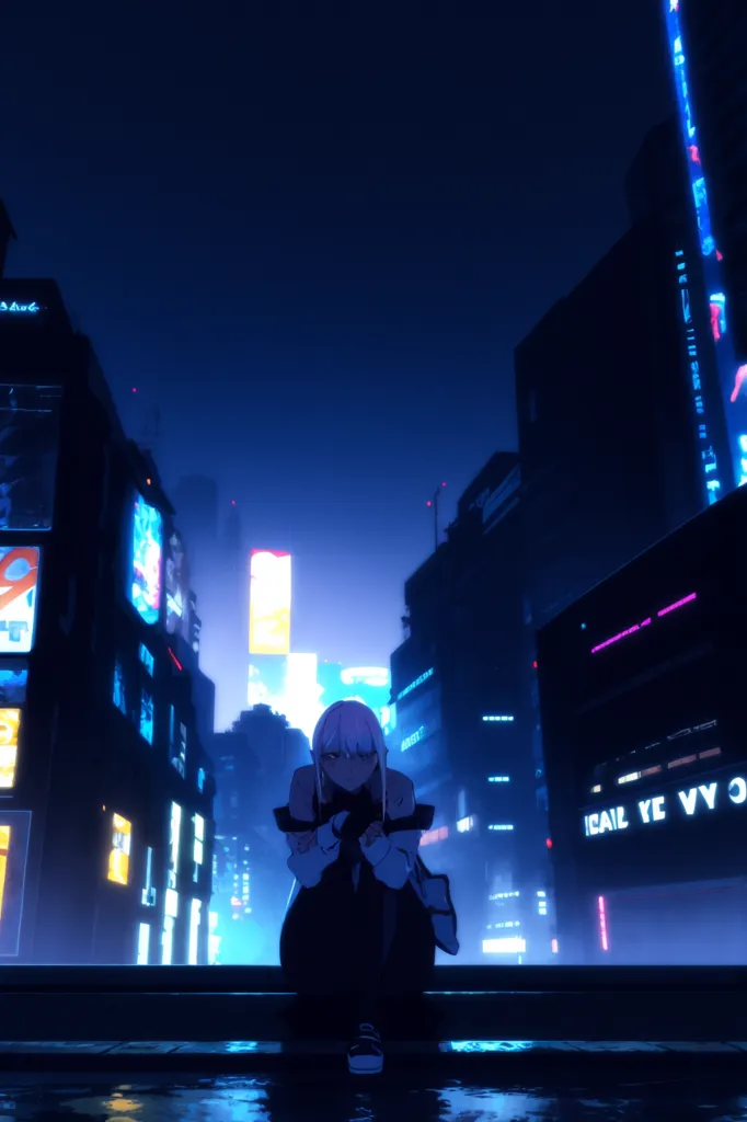 The image is a digital painting of a cyberpunk city. The city is depicted as being dark and rainy, with neon lights reflecting off the wet streets. The main character is a young woman with white hair, who is sitting on a rooftop looking out over the city. She is wearing a black jacket and a white skirt, and she has a sad expression on her face. The image is full of atmosphere and detail, and it captures the feeling of loneliness and isolation that can be found in a big city.