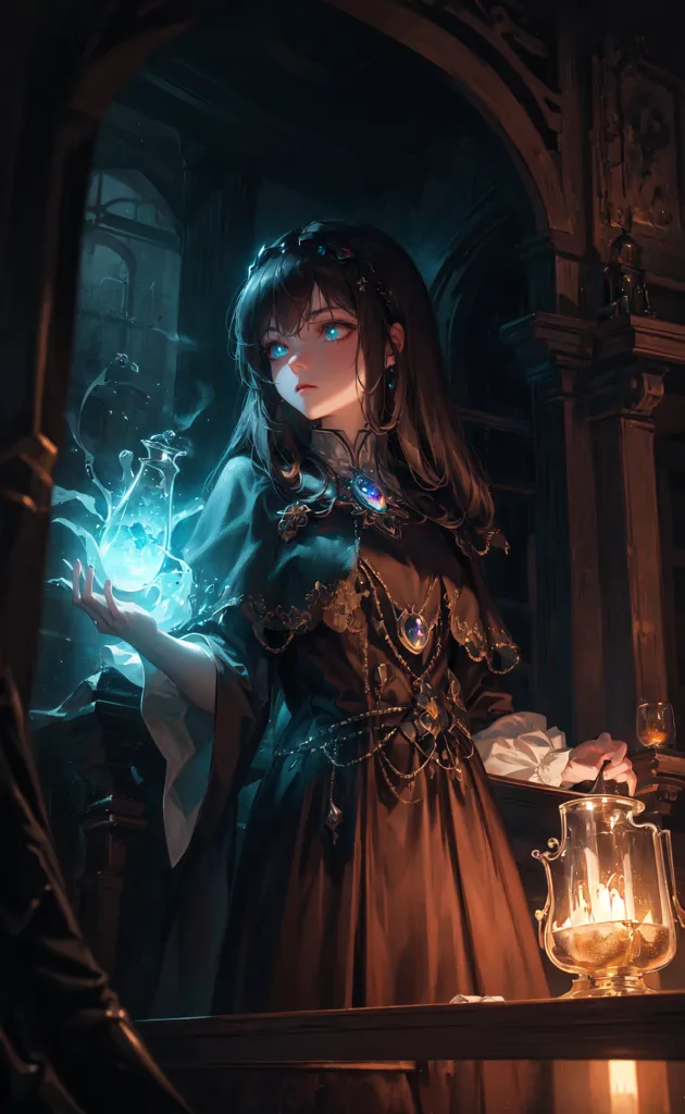 The image is of a young woman standing in a dark room. She is wearing a brown dress with a white collar and a blue cloak. She has long brown hair and blue eyes. She is holding a glowing blue orb in her right hand. There is a candle on the table next to her.