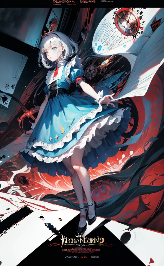 The image is of a girl with white hair and red eyes wearing a blue and white dress. She is standing on a red and black background, and there are playing cards and clocks around her. The girl is holding a clock in her right hand. She is looking at the viewer with a serious expression.