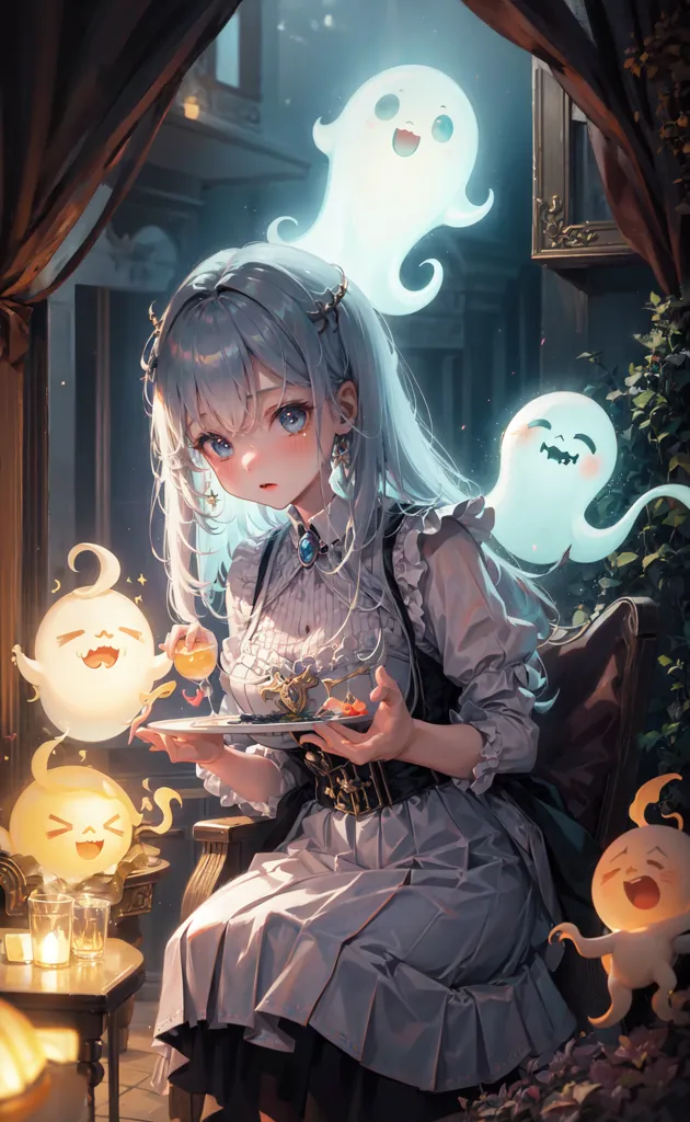 The image is a painting of a girl sitting on a chair in a dimly lit room. The girl has long white hair and blue eyes, and she is wearing a white dress. She is holding a plate of food, and there are three ghosts floating around her. The ghosts are all different colors, and they have different expressions on their faces. The one on the left is yellow and has a sad expression, the one in the middle is pink and has a surprised expression, and the one on the right is blue and has a happy expression.