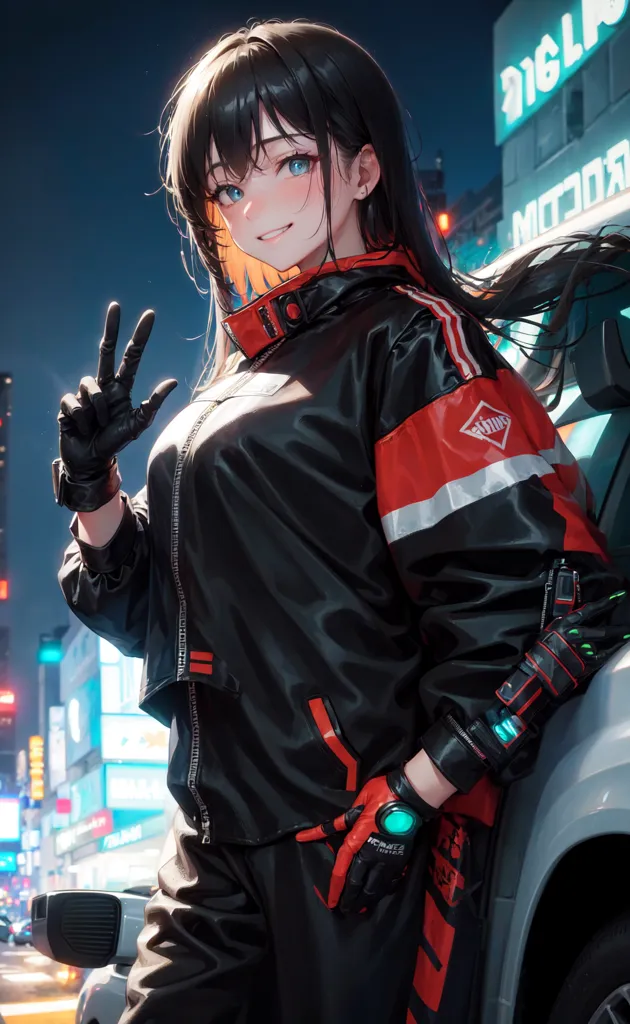 The image is of a young woman with long black hair and blue eyes. She is wearing a black and red jacket with white stripes on the sleeves. The jacket is unzipped, showing a black crop top underneath. She is also wearing black pants and black gloves. She is standing in front of a car, with one hand on the car door and the other raised in the air, making a peace sign. She has a confident smile on her face. The background is a blurred city street with a lot of lights.