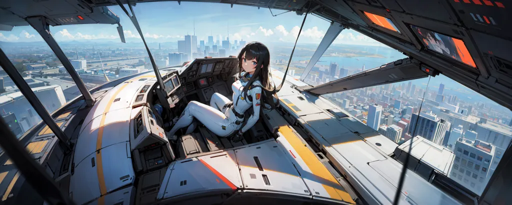 The image shows a young woman with long black hair sitting in the cockpit of a futuristic aircraft. She is wearing a white and gray flight suit. The aircraft is flying over a large city. The city is full of tall buildings and skyscrapers. The sky is blue and there are some clouds in the distance.