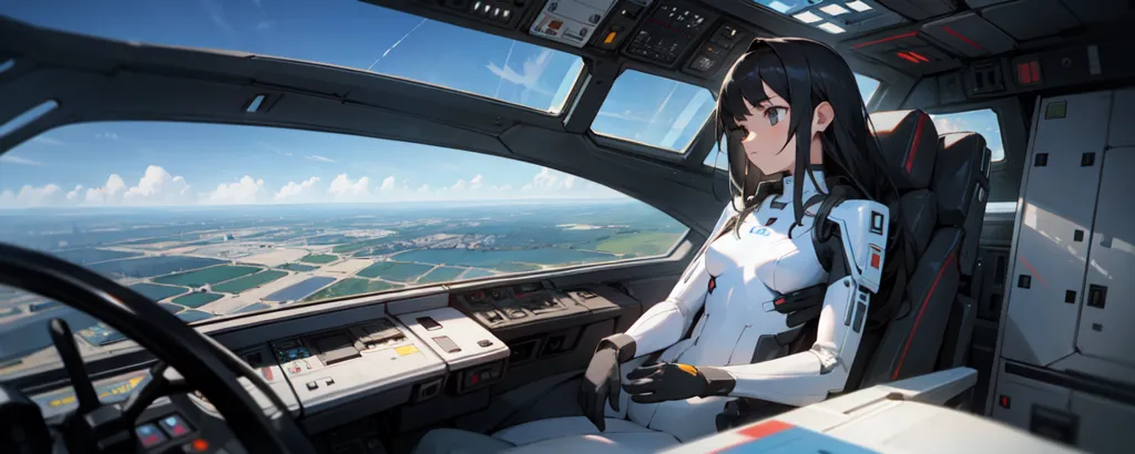 The image shows a girl sitting in the cockpit of a spaceship. She is wearing a white spacesuit with a black undersuit. The spaceship is flying high above the Earth. The girl is looking out the window at the Earth below. She has a determined look on her face. The image is full of color and detail. The artist has used a variety of techniques to create a realistic and immersive image.