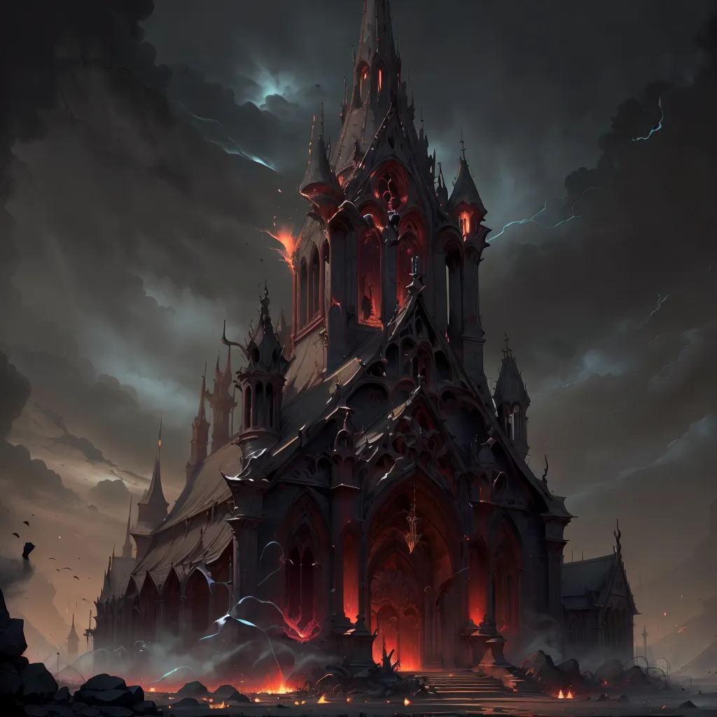 The image is a dark fantasy cathedral. It is night time and the sky is stormy. The cathedral is made of black stone and has a large door in the front. There are two towers on either side of the door and a large window above the door. The window is glowing red and there is a dark figure standing in front of it. There are also several smaller windows on the sides of the cathedral. The ground around the cathedral is covered in rubble and there are several large rocks in front of the door.