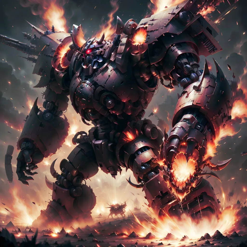 The image shows a giant robot standing in the middle of a battlefield. The robot is made of black metal and has a red eye. It is surrounded by fire and explosions. There are also other robots in the background. The robot looks like it is about to attack.