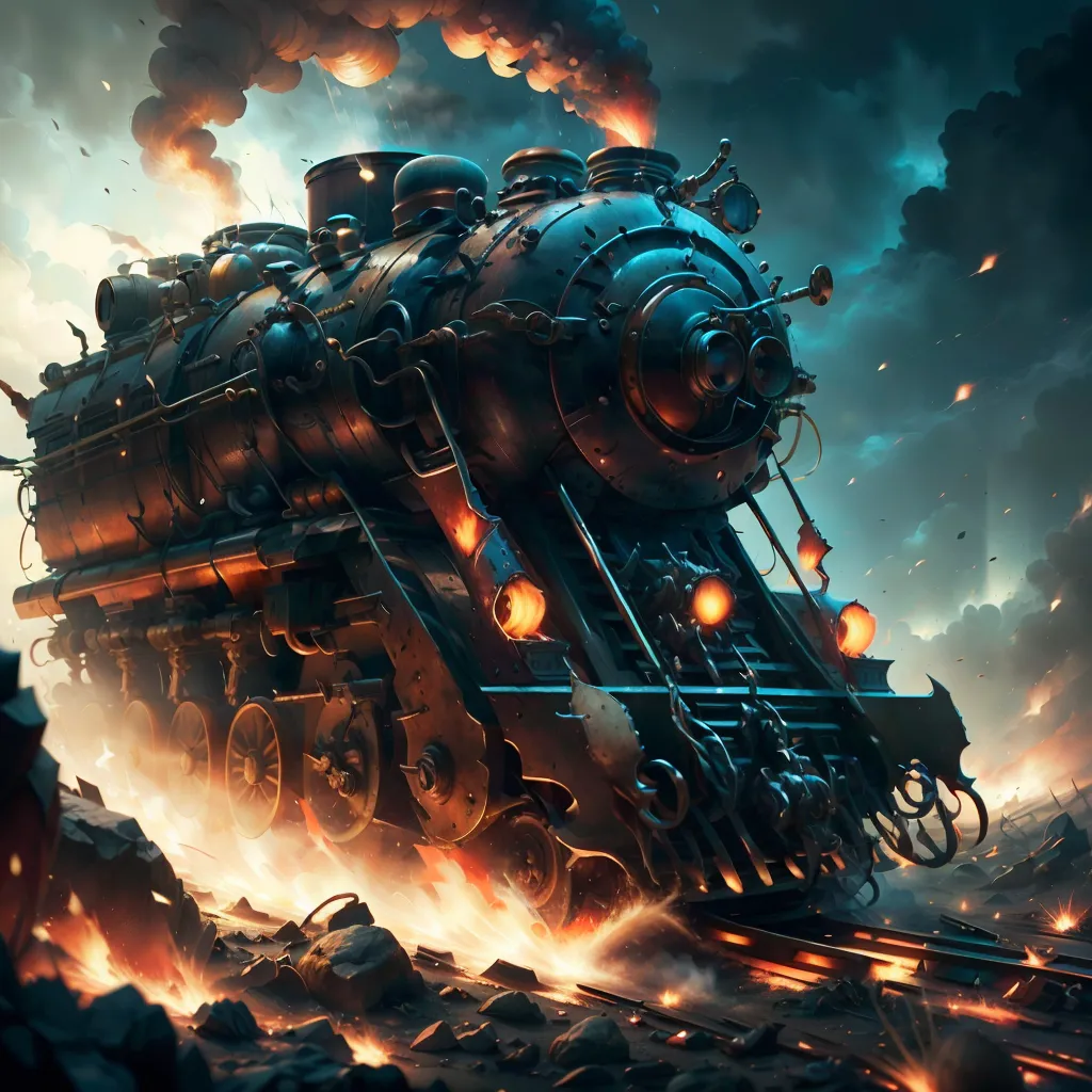 The image shows a steampunk train. It is a large, powerful-looking machine with a lot of exposed gears and pipes. The train is moving quickly, and it is surrounded by smoke and flames. The background is a dark and stormy night. The train is lit up by the fire and the sparks that are flying from its wheels. The image is very dynamic and exciting, and it captures the sense of power and danger that is associated with steampunk.