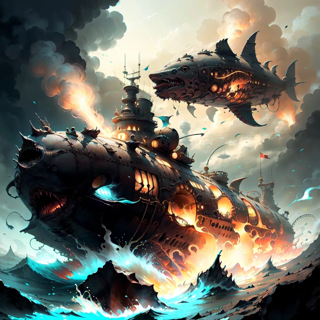 The image is a steampunk submarine. It is a large, metal vessel with a long, cylindrical body. The submarine has a number of portholes and a large, open deck. There are several people on the deck, all of whom are wearing steampunk clothing. The submarine is surrounded by a number of large, mechanical sharks. The sharks have sharp teeth and glowing eyes. The submarine is firing its cannons at the sharks. The image is set in a stormy sea. The waves are large and the sky is dark and cloudy.