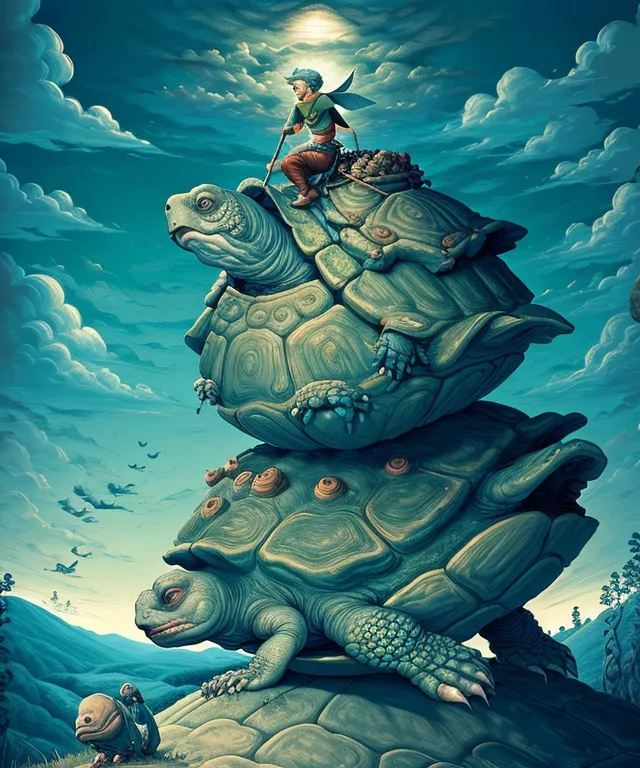 The image shows a boy in a green tunic and brown boots standing on the back of a giant green turtle. The turtle is standing on the back of an even larger green turtle, which is standing on the back of a third, even larger green turtle. The turtles are all facing the same direction. The boy is looking down at the second turtle. The first turtle has a large, toothy mouth and is looking up at the boy. The second turtle has a smaller, less toothy mouth and is looking straight ahead. The third turtle has a very small mouth and is also looking straight ahead. The background is a blue sky with white clouds. There are two small human figures standing on the ground next to the turtles. They are both wearing brown robes and are looking up at the turtles.