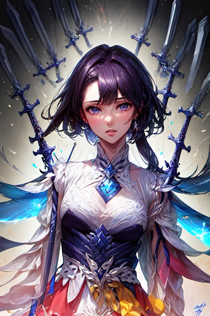 L'image représente une fille de style anime aux cheveux violets et aux yeux bleus. Elle porte une robe blanche et bleue avec un joyau bleu au centre. Elle a une expression sérieuse sur le visage et est entourée d'épées. L'arrière-plan est blanc avec un dégradé vers le bleu clair en haut.