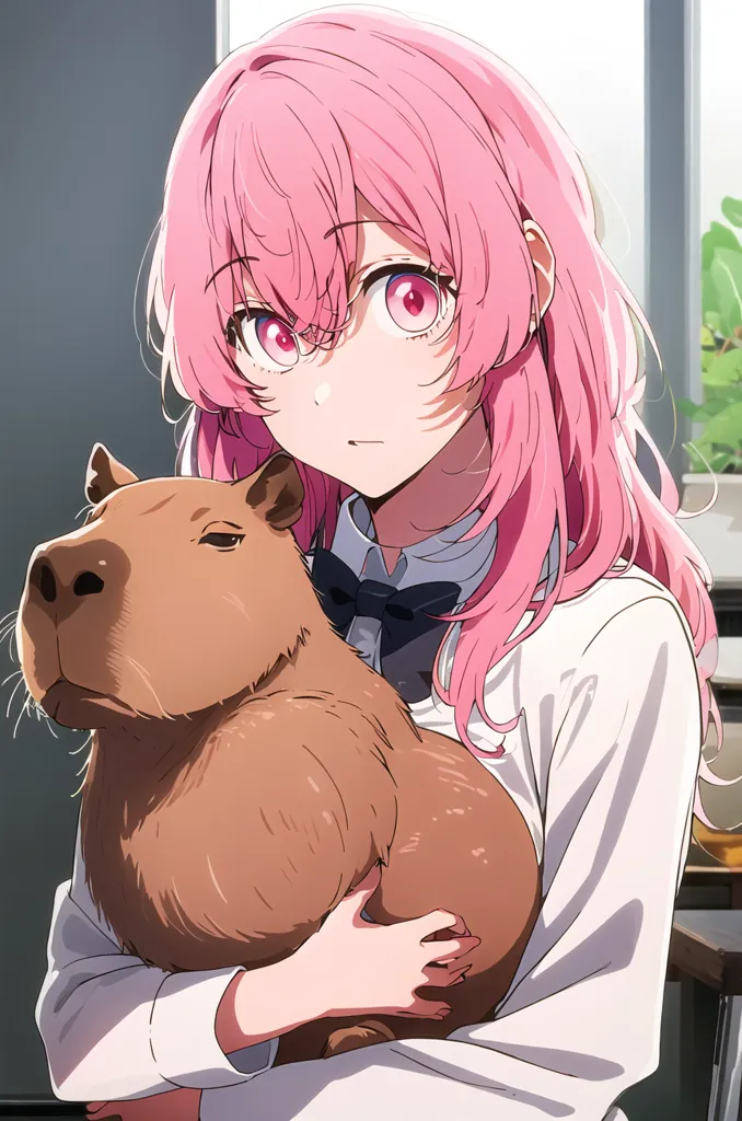 A young woman with pink hair is hugging a brown capybara. The woman is wearing a white shirt with a black bow tie. The capybara is looking at the woman with a curious expression. The background is a blurred living room with a plant in the corner.