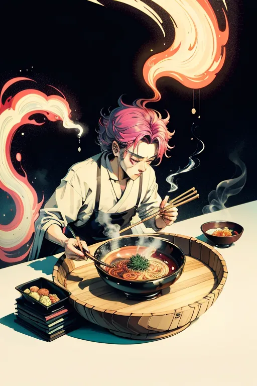 A pink-haired person is shown in the image, preparing a bowl of ramen. The ramen is in a large bowl, and the person is holding chopsticks. The person is wearing a white shirt and black pants, and they are standing in front of a counter. There is a plate of food on the counter, and a small bowl of soup. The person is surrounded by flames, and the background is black.