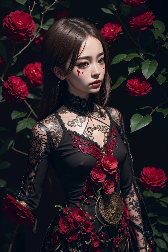 This is an image of a woman with long brown hair and red flowers painted on her face. She is wearing a black dress with red and gold details and a gold necklace. She is standing in front of a dark background with red roses.