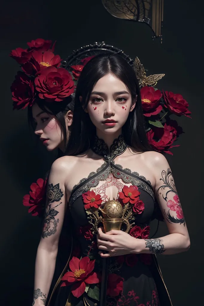 L'image montre une jeune femme aux longs cheveux noirs. Elle porte une robe noire avec des motifs de fleurs rouges. Il y a aussi des fleurs rouges dans ses cheveux et autour de son cou. Elle a des marques rouges sur le visage et des tatouages sur les bras. Elle tient une coupe dorée dans ses mains. Il y a une autre femme debout derrière elle qui lui ressemble exactement, sauf qu'elle regarde dans une direction opposée à la caméra.