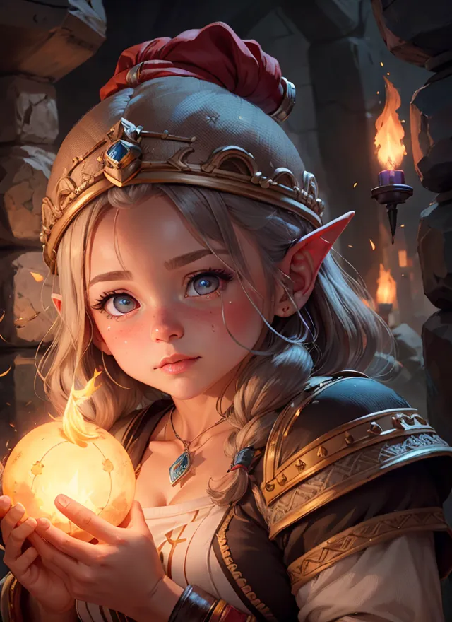 The image is of a young girl with long blonde hair and blue eyes. She is wearing a brown leather jerkin with gold trim and a red cap with a gold band around it. She is also wearing a gold necklace with a blue gem in the center. She is holding a glowing orb in her hands. She has pointy ears and looks like she is in a dungeon or other dark place.