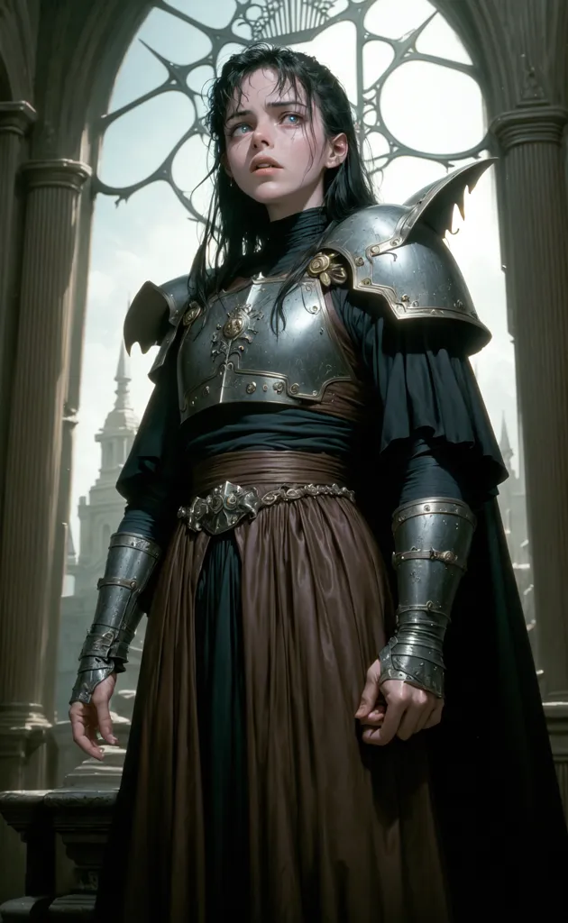 This is an image of a woman in medieval armor. She is wearing a dark brown dress with a gray cloak. The armor is silver and has intricate designs on it. She has a sword in her right hand and is looking to the left with a serious expression on her face. She is standing in a large hall with stone columns and a stained glass window in the background.