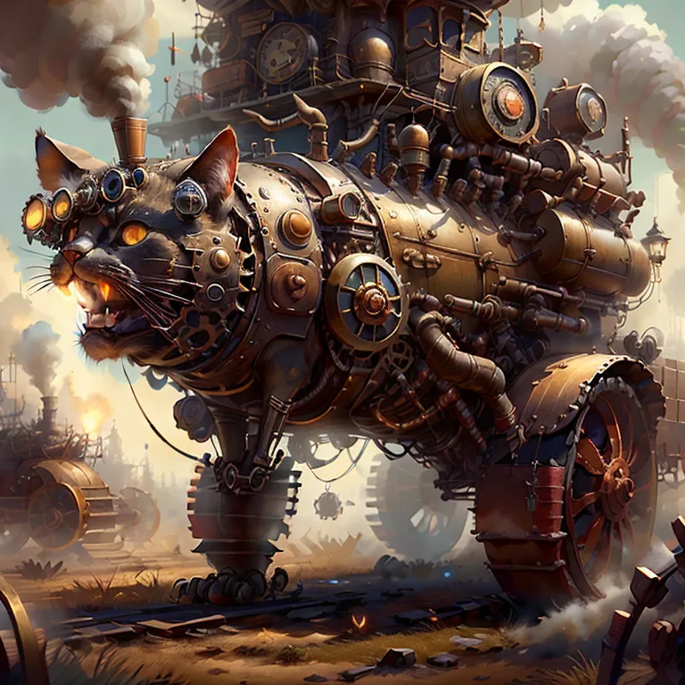 The image is a steampunk cat. It is a large, mechanical cat made of metal and steam-powered. It has a large, round body with a long tail and four legs. The cat is wearing a pair of goggles and has a large clock on its chest. It is standing on a railroad track, and there are several other steampunk machines in the background.